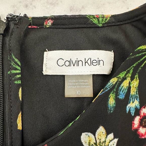 Calvin Klein Floral Midi Dress Size 10 New Black Green Flutter Hem Shift - Picture 6 of 10